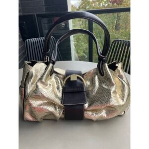 Puntotres Metallic Gold‎ Snake Embossed Leather Shoulder Handbag